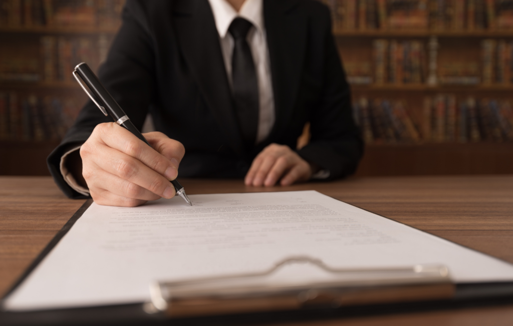 Close up of man's hand with pen making notes on clip board